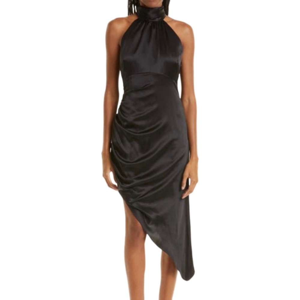 NWT Cinq a Sept Naya Black Silk Ruched Asymmetrical Hem Halter Dress - Sz 12